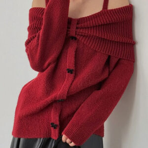 Off-Shoulder Bow Button Long Sleeve Wool Knitted Sweater