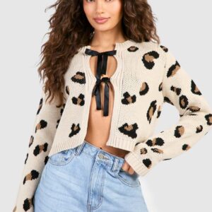 Tie Front Leopard Knit Cardigan