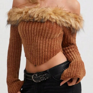 Off-the-Shoulder Fur Trim Slim Sweater