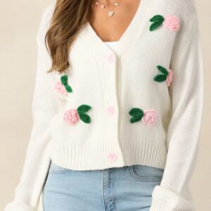 3D Flower Buttoned Knit Cardigan